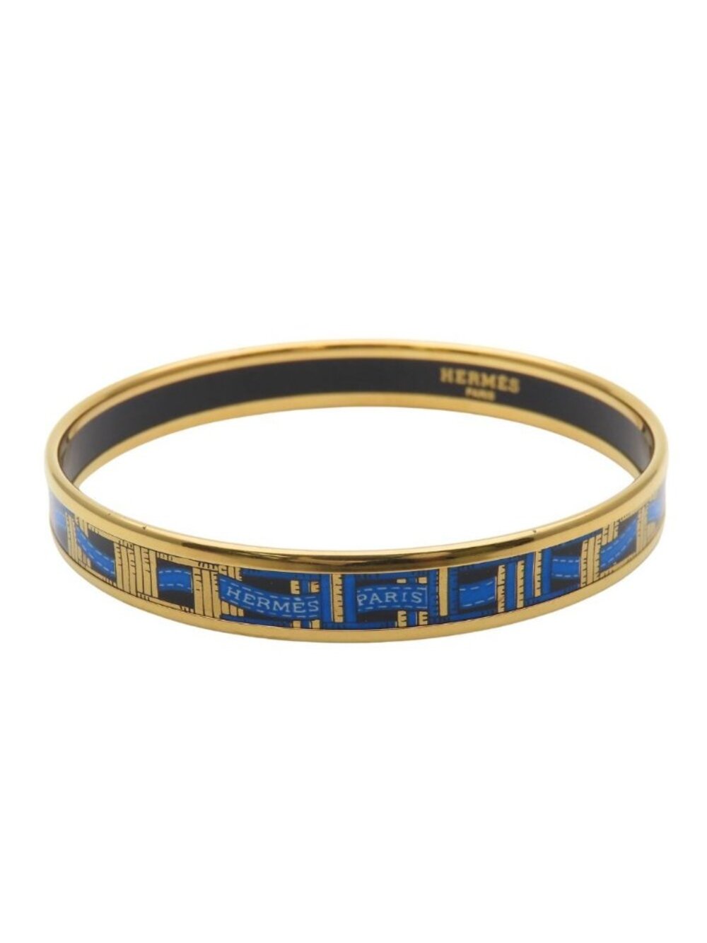 Hermes Bracelet Enamel PM Metal Blue Gold Black Cloisonne Ribbon